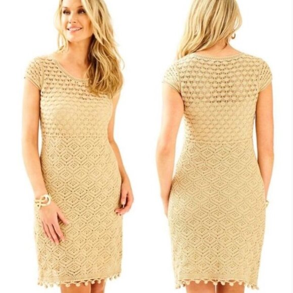 Lilly Pulitzer Dresses & Skirts - Lilly Pulitzer Paley Crochet Sweater Dress Gold Metallic Style #26045 Size Small